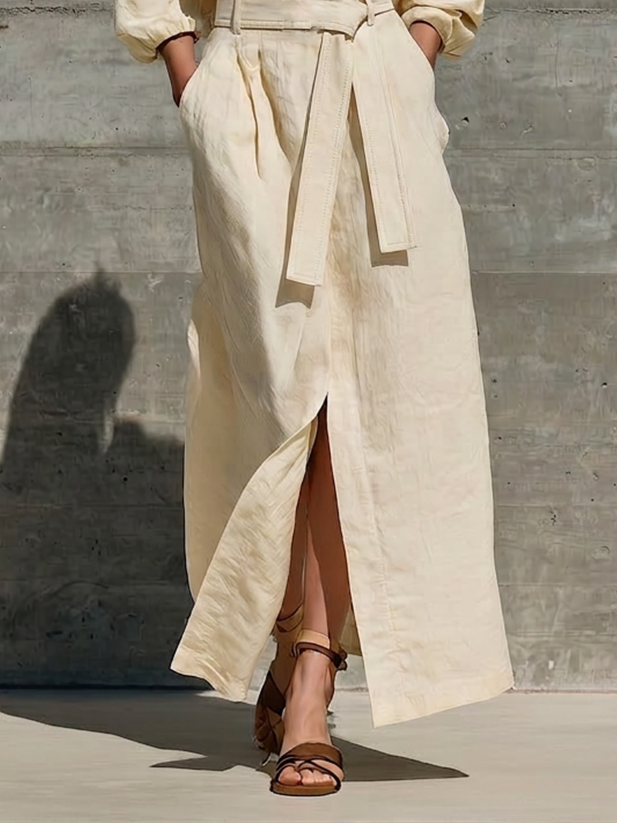 Women’s Cream Linen Twist Halter Off Shoulder Puff Elbow Sleeve Self Belt Waist Front Split Maxi Dress