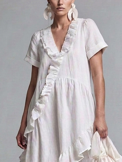 Women’s Boho White Linen Short Sleeve Ruffle Trim V-Neck Loose Flowly High Low Hem Maxi Dress
