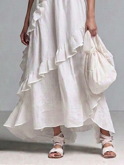 Women’s Boho White Linen Short Sleeve Ruffle Trim V-Neck Loose Flowly High Low Hem Maxi Dress