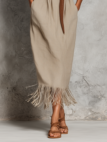 Women’s Beige Fine Vertical Stripe Linen Stand Collar Half Placket Roll Up Sleeve Fringe Hem Midi Shirt Dress With Side Pockets (Belt Not Included)