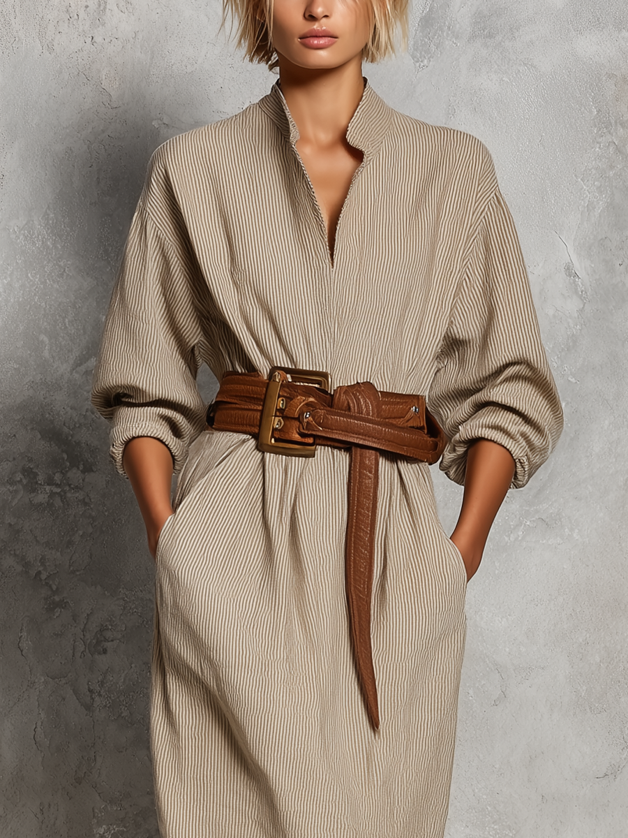 Women’s Beige Fine Vertical Stripe Linen Stand Collar Half Placket Roll Up Sleeve Fringe Hem Midi Shirt Dress With Side Pockets (Belt Not Included)