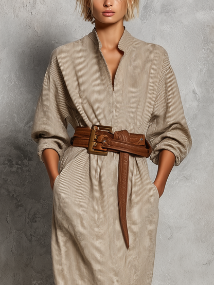 Women’s Beige Fine Vertical Stripe Linen Stand Collar Half Placket Roll Up Sleeve Fringe Hem Midi Shirt Dress With Side Pockets (Belt Not Included)
