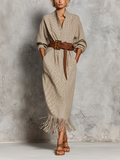 Women’s Beige Fine Vertical Stripe Linen Stand Collar Half Placket Roll Up Sleeve Fringe Hem Midi Shirt Dress With Side Pockets (Belt Not Included)