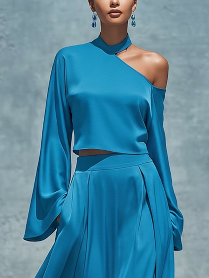 Women’s Blue Satin One Shoulder Halter Bell Sleeve Cropped Top & High Waist Pleated Flowy Maxi Skirt Two Piece Matching Set