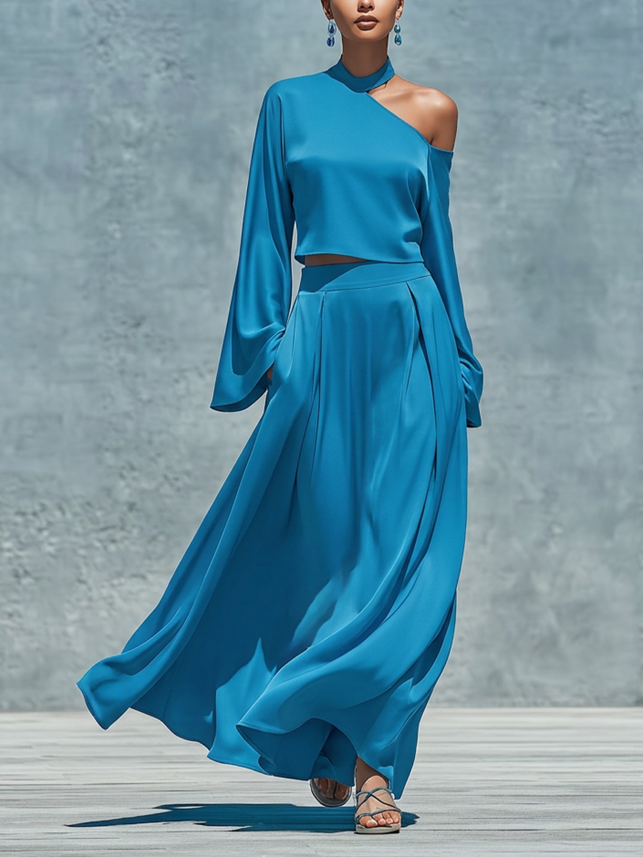 Women’s Blue Satin One Shoulder Halter Bell Sleeve Cropped Top & High Waist Pleated Flowy Maxi Skirt Two Piece Matching Set