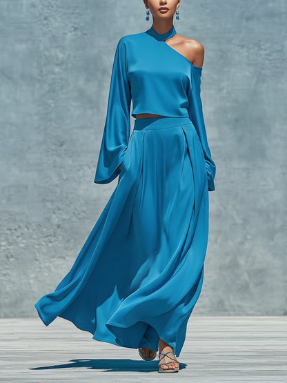 Women’s Blue Satin One Shoulder Halter Bell Sleeve Cropped Top & High Waist Pleated Flowy Maxi Skirt Two Piece Matching Set