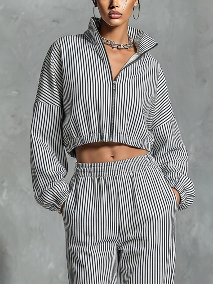 Women’s Black White Vertical Stripe Stand Collar Full Zip Cropped Jacket & Elastic High Waist Wide Leg Pocket Pants Two Piece Tracksuit Set