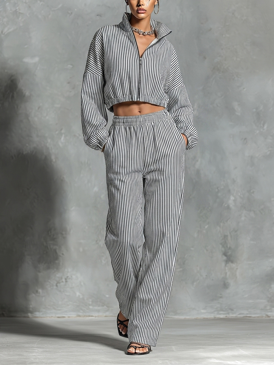 Women’s Black White Vertical Stripe Stand Collar Full Zip Cropped Jacket & Elastic High Waist Wide Leg Pocket Pants Two Piece Tracksuit Set