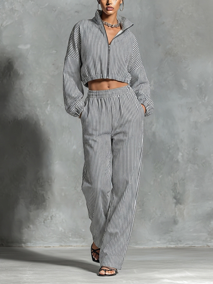 Women’s Black White Vertical Stripe Stand Collar Full Zip Cropped Jacket & Elastic High Waist Wide Leg Pocket Pants Two Piece Tracksuit Set