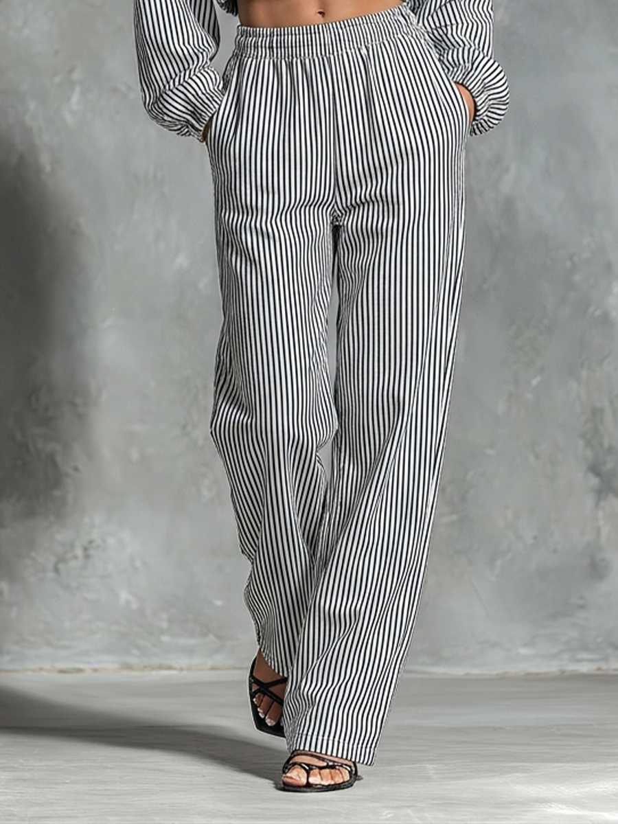 Women’s Black White Vertical Stripe Stand Collar Full Zip Cropped Jacket & Elastic High Waist Wide Leg Pocket Pants Two Piece Tracksuit Set