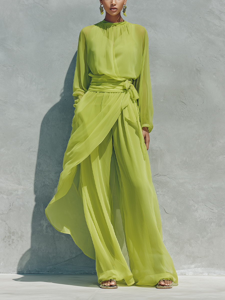 Women’s Lime Green Sheer Chiffon High Neck Balloon Long Sleeve Wrap Tie Waist Overlay Skirt Wide Leg Pants Two Piece Vacation Set