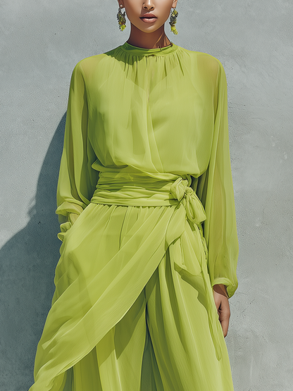 Women’s Lime Green Sheer Chiffon High Neck Balloon Long Sleeve Wrap Tie Waist Overlay Skirt Wide Leg Pants Two Piece Vacation Set