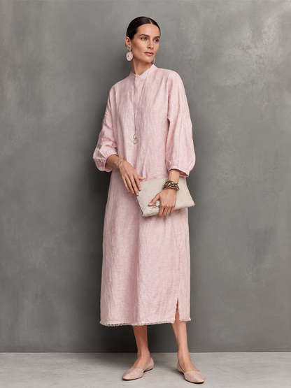 Women's Relaxed Style Light Pink Linen Cotton Stand Collar 3/4 Sleeve Fringe Slit Midi Dress