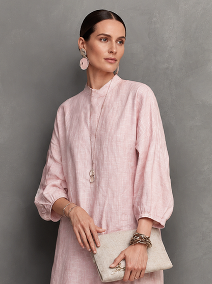 Women's Relaxed Style Light Pink Linen Cotton Stand Collar 3/4 Sleeve Fringe Slit Midi Dress