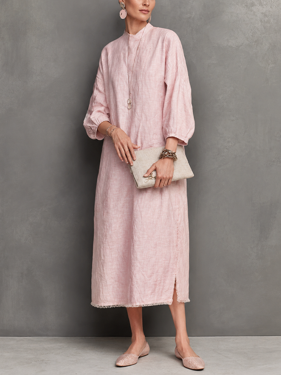 Women's Relaxed Style Light Pink Linen Cotton Stand Collar 3/4 Sleeve Fringe Slit Midi Dress