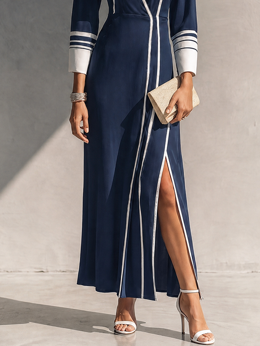 Women's Affordable Luxury Navy Cotton Blend Contrast Color Collar 3/4 Sleeve Side Slit Knit Dress
