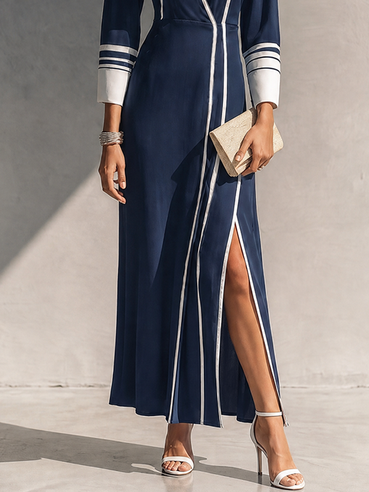 Women's Affordable Luxury Navy Cotton Blend Contrast Color Collar 3/4 Sleeve Side Slit Knit Dress