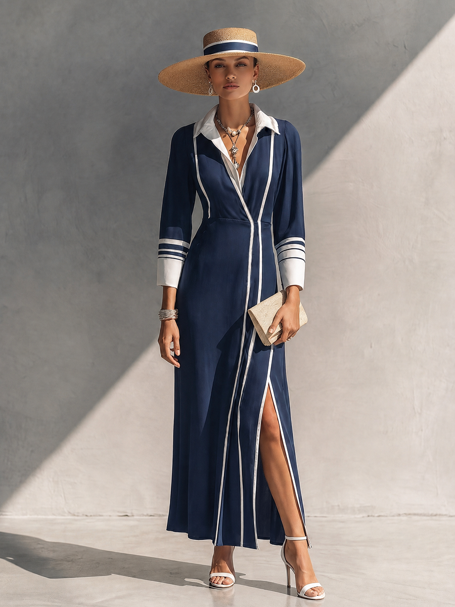 Women's Affordable Luxury Navy Cotton Blend Contrast Color Collar 3/4 Sleeve Side Slit Knit Dress