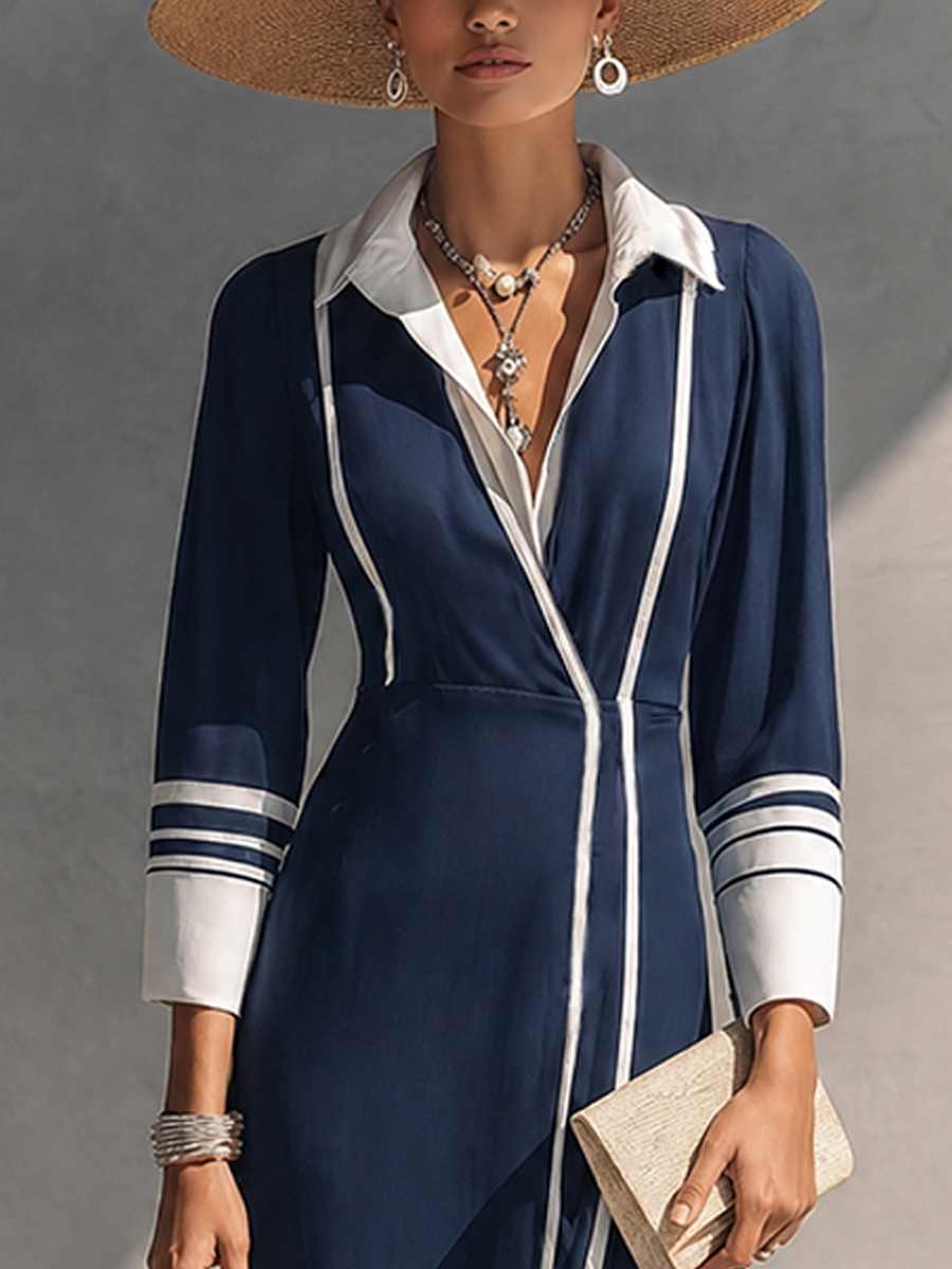 Women's Affordable Luxury Navy Cotton Blend Contrast Color Collar 3/4 Sleeve Side Slit Knit Dress