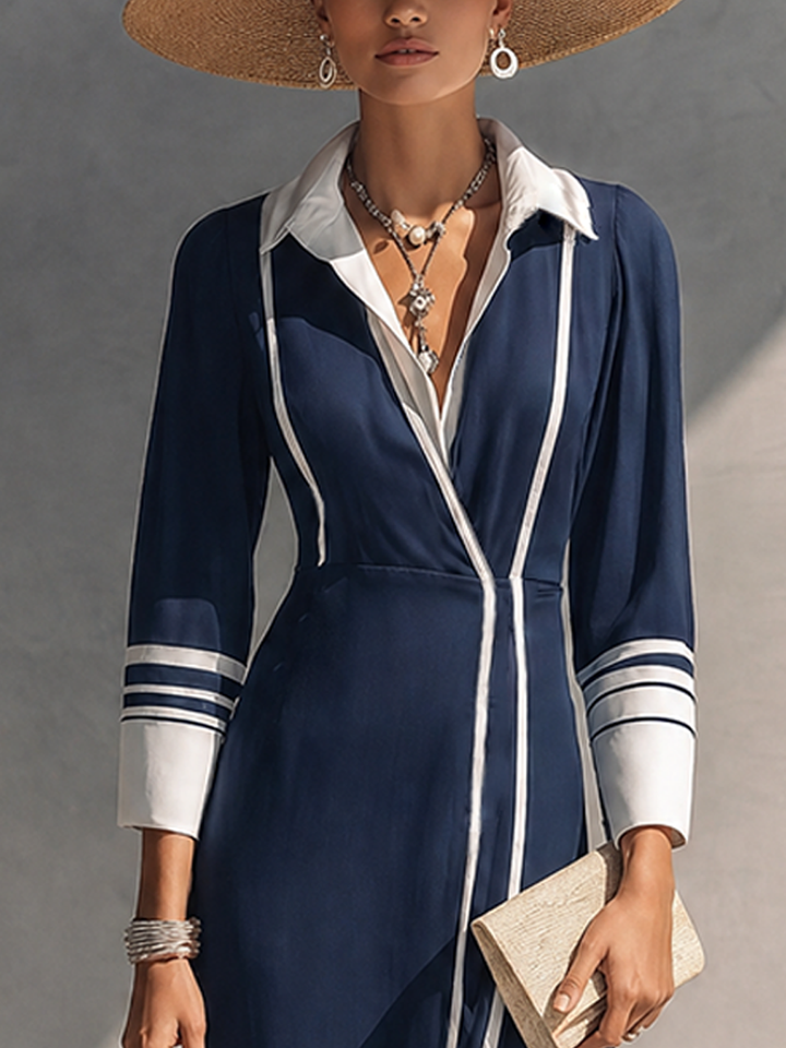 Women's Affordable Luxury Navy Cotton Blend Contrast Color Collar 3/4 Sleeve Side Slit Knit Dress
