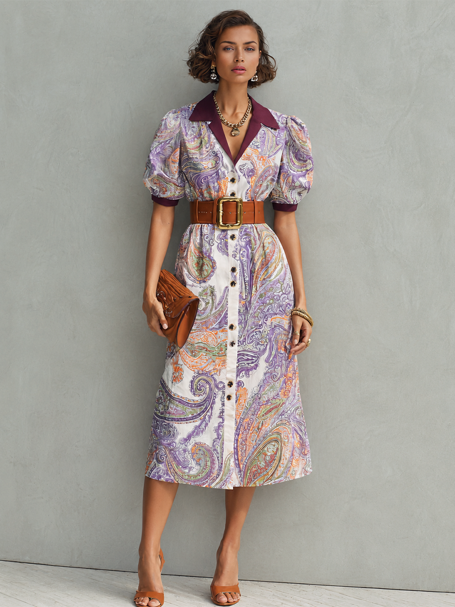 Women's Retro French Style Purple Tone Cotton Blend Paisley Print Lapel Puff Short Sleeve Waist Cinched Midi Shirt Dress