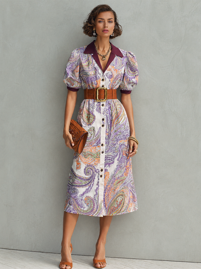 Women's Retro French Style Purple Tone Cotton Blend Paisley Print Lapel Puff Short Sleeve Waist Cinched Midi Shirt Dress