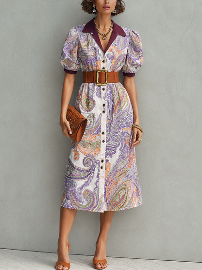 Women's Retro French Style Purple Tone Cotton Blend Paisley Print Lapel Puff Short Sleeve Waist Cinched Midi Shirt Dress