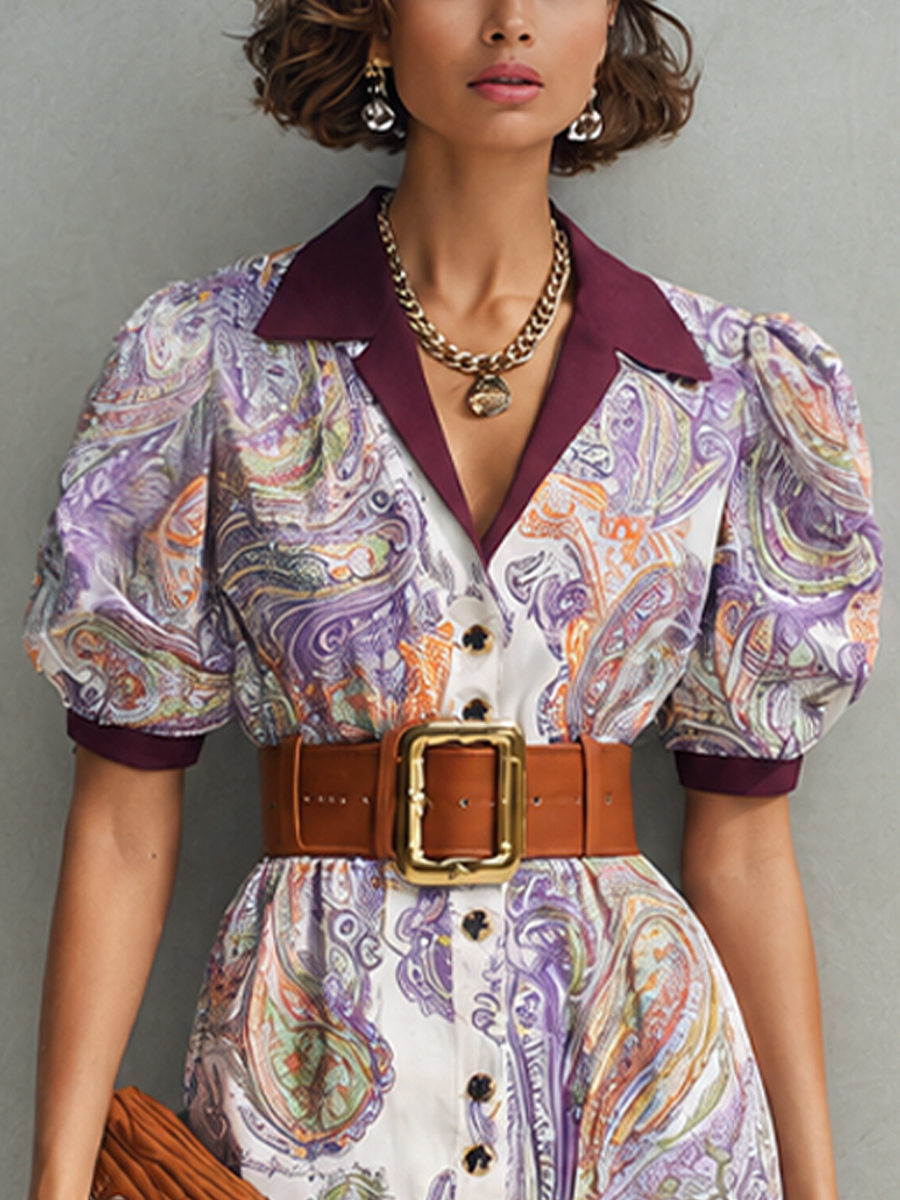 Women's Retro French Style Purple Tone Cotton Blend Paisley Print Lapel Puff Short Sleeve Waist Cinched Midi Shirt Dress