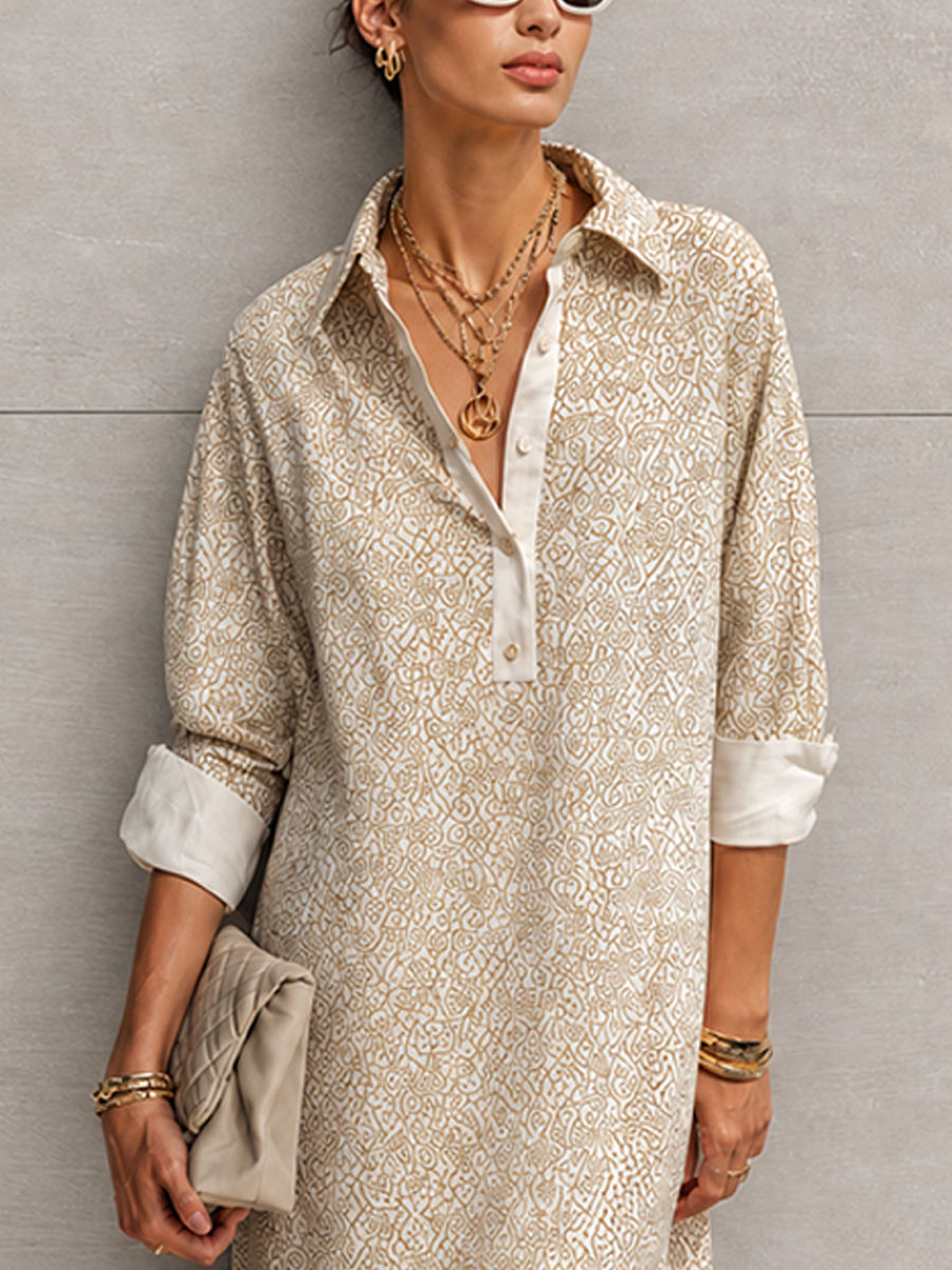 Women's Simple Casual Beige Cotton Blend Geometric Print Collar Three-Quarter Sleeve Loose Mid-Length Shirt Dress