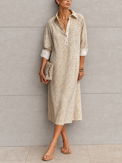 Women's Simple Casual Beige Cotton Blend Geometric Print Collar Three-Quarter Sleeve Loose Mid-Length Shirt Dress