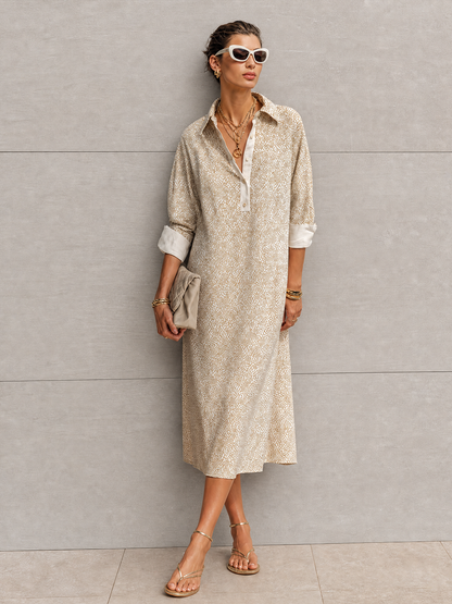 Women's Simple Casual Beige Cotton Blend Geometric Print Collar Three-Quarter Sleeve Loose Mid-Length Shirt Dress
