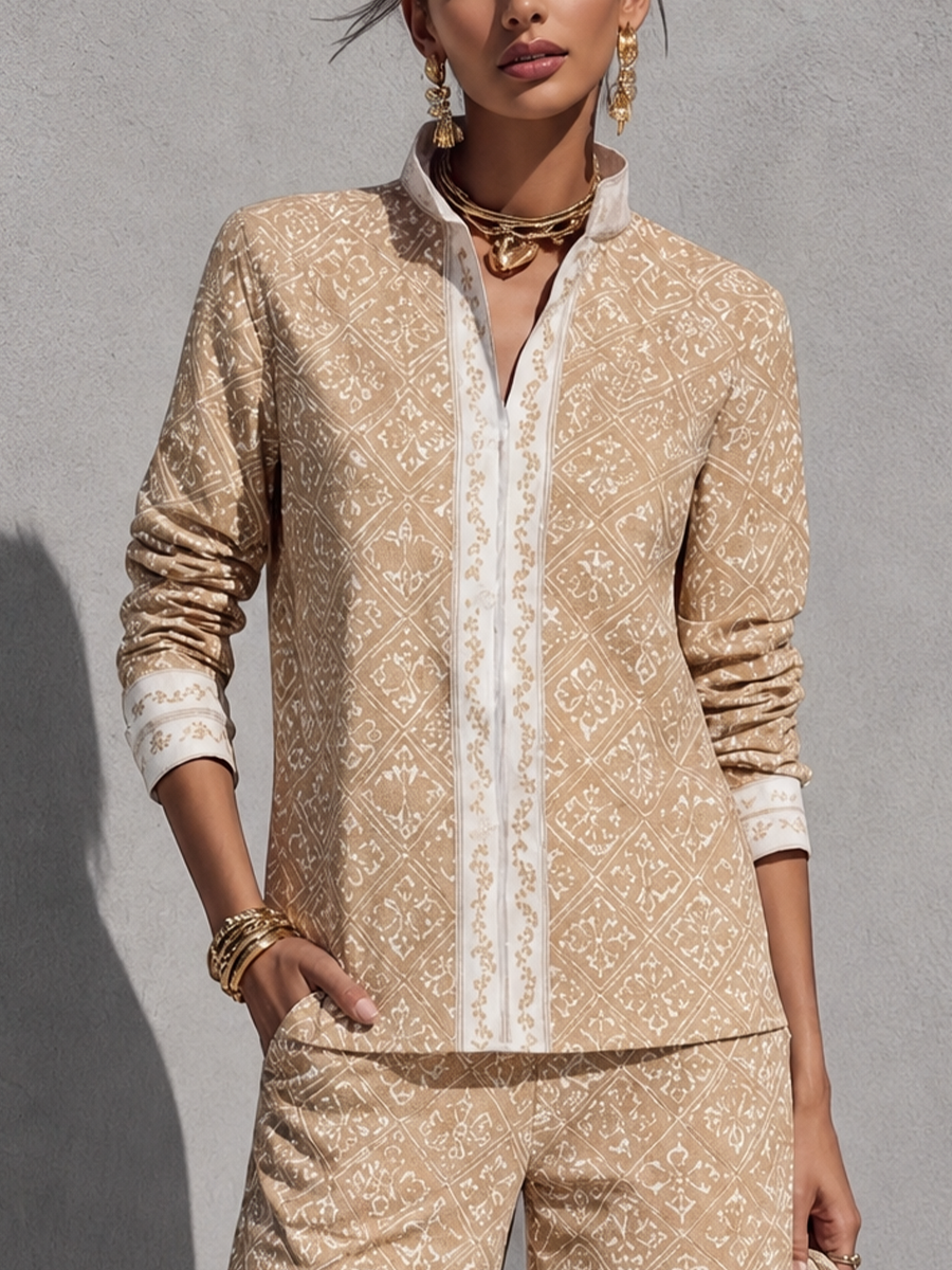 Women's Relaxed Resort Style Khaki Cotton Blend Diamond Print Stand Collar Long Sleeve Wide Leg Long Pants Set