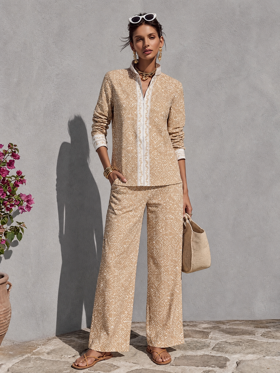 Women's Relaxed Resort Style Khaki Cotton Blend Diamond Print Stand Collar Long Sleeve Wide Leg Long Pants Set