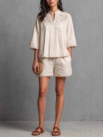 Women's Elegant Casual Off White Cotton Linen Lace Trimmed Stand Collar Three Quarter Sleeve Top And Shorts Set