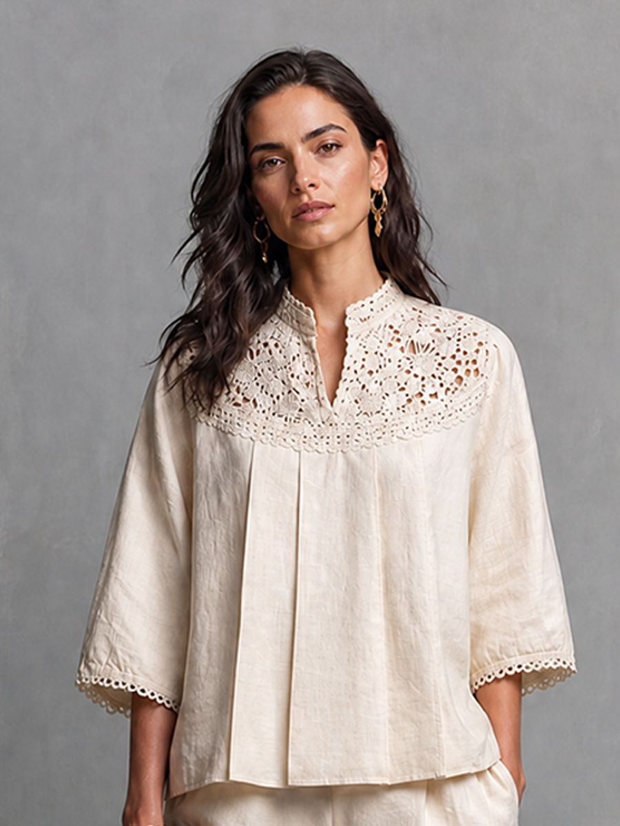 Women's Elegant Casual Off White Cotton Linen Lace Trimmed Stand Collar Three Quarter Sleeve Top And Shorts Set