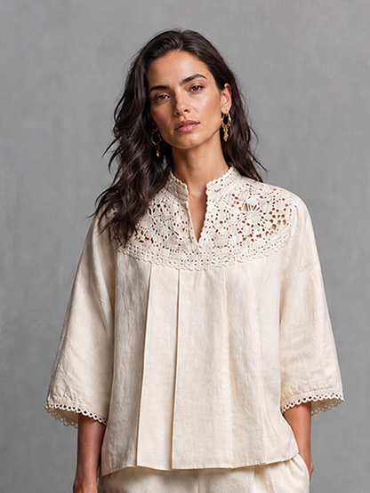 Women's Elegant Casual Off White Cotton Linen Lace Trimmed Stand Collar Three Quarter Sleeve Top And Shorts Set