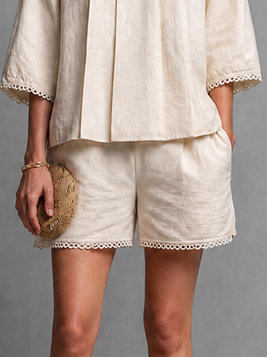 Women's Elegant Casual Off White Cotton Linen Lace Trimmed Stand Collar Three Quarter Sleeve Top And Shorts Set