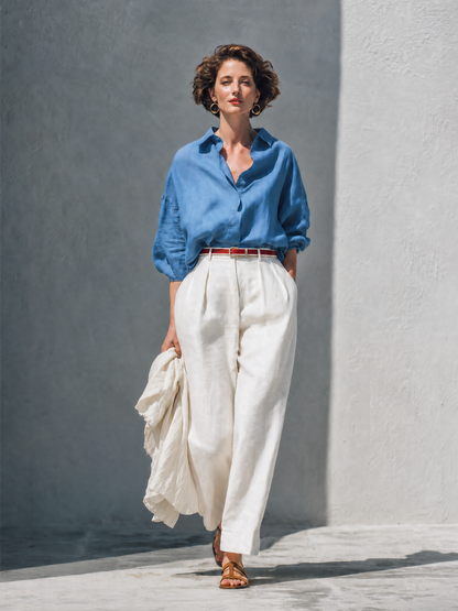 Women's Casual Linen Blend Two-Piece Set — Dusty Blue Oversized Collared Long Sleeve Shirt & Ivory High-Waisted Wide-Leg Trousers