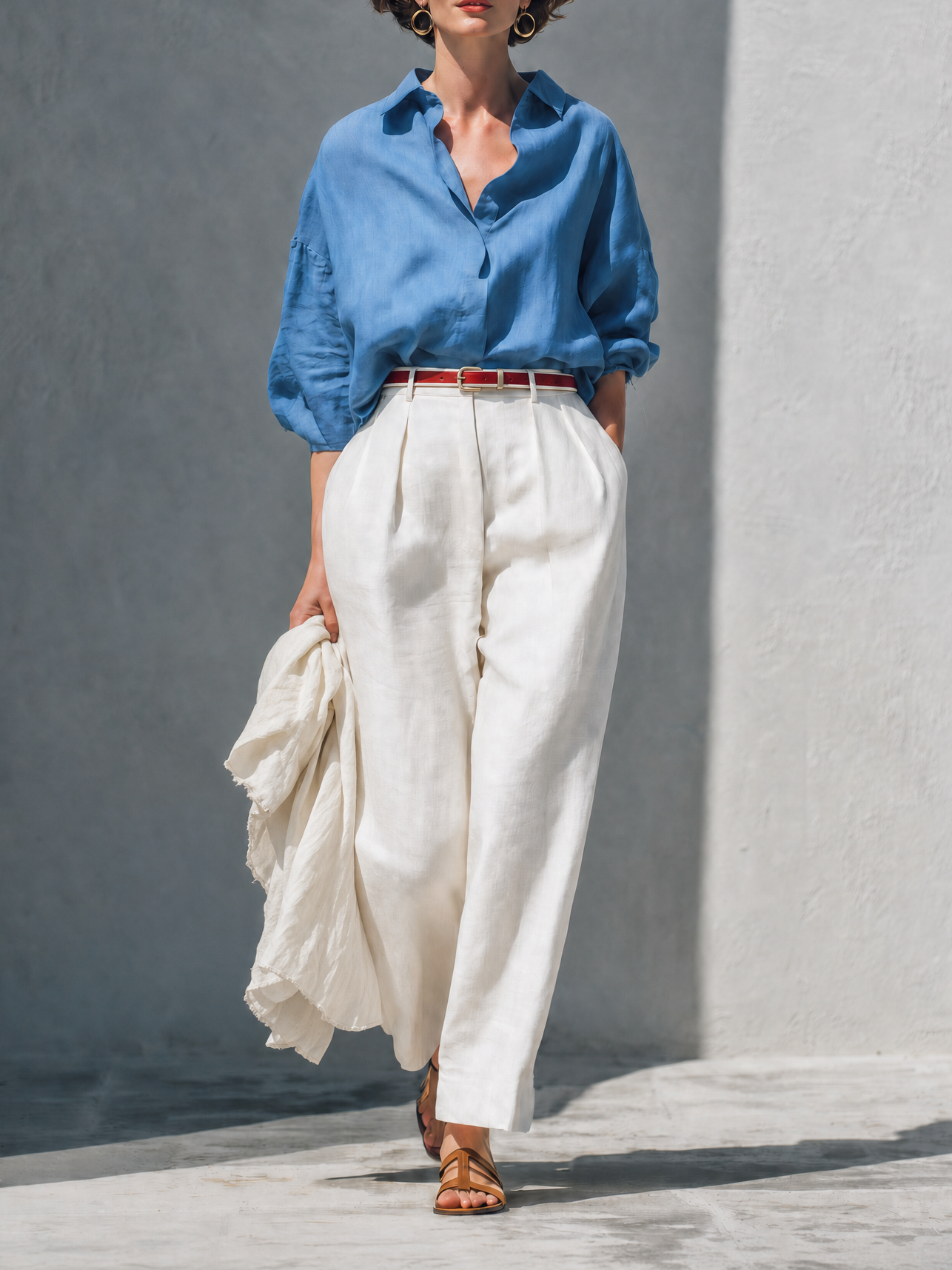 Women's Casual Linen Blend Two-Piece Set — Dusty Blue Oversized Collared Long Sleeve Shirt & Ivory High-Waisted Wide-Leg Trousers