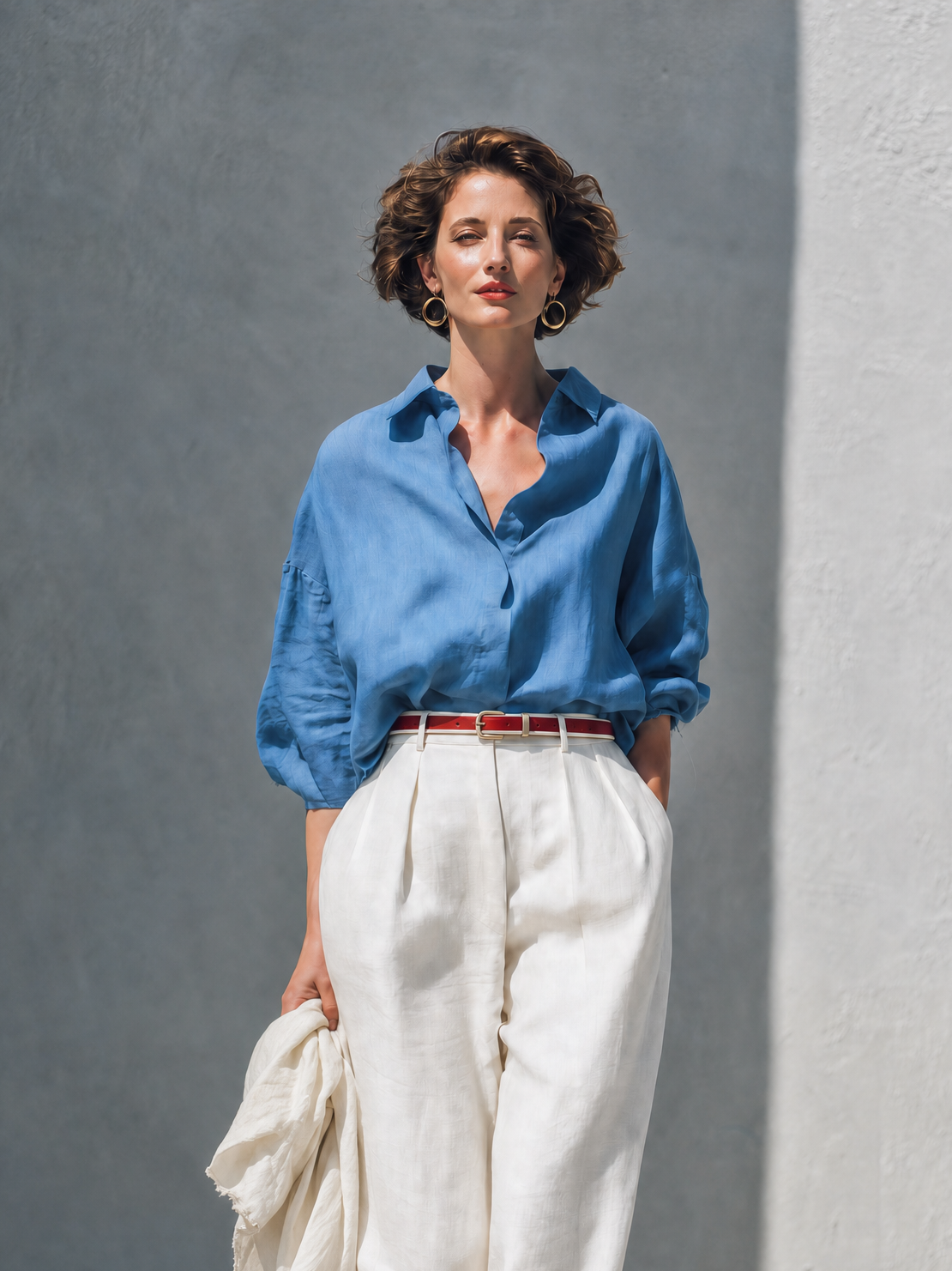 Women's Casual Linen Blend Two-Piece Set — Dusty Blue Oversized Collared Long Sleeve Shirt & Ivory High-Waisted Wide-Leg Trousers