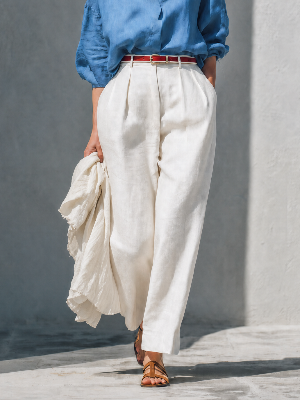 Women's Casual Linen Blend Two-Piece Set — Dusty Blue Oversized Collared Long Sleeve Shirt & Ivory High-Waisted Wide-Leg Trousers