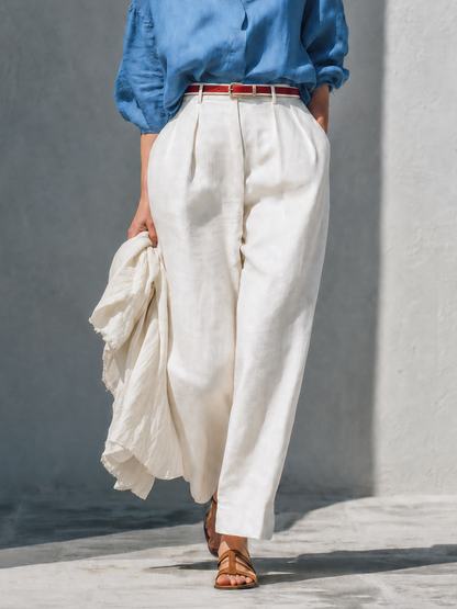 Women's Casual Linen Blend Two-Piece Set — Dusty Blue Oversized Collared Long Sleeve Shirt & Ivory High-Waisted Wide-Leg Trousers