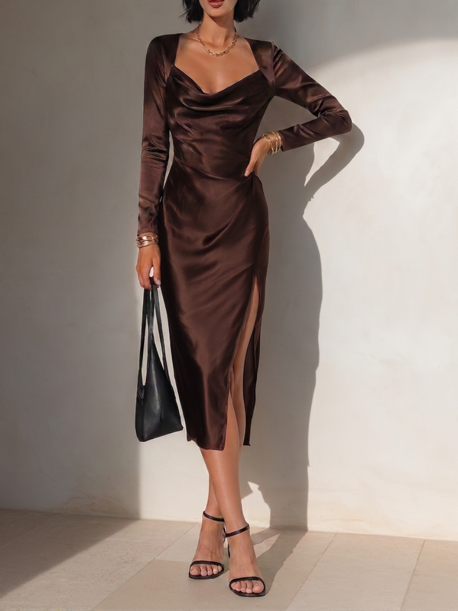 Women's Elegant Chocolate Brown Satin Cowl Neck Long Sleeve High Slit Bodycon Midi Dress