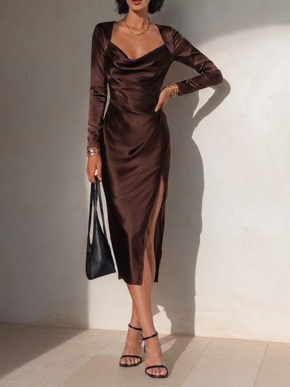 Women's Elegant Chocolate Brown Satin Cowl Neck Long Sleeve High Slit Bodycon Midi Dress
