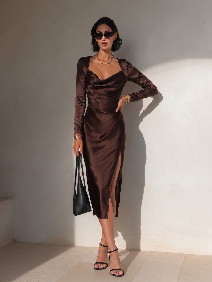 Women's Elegant Chocolate Brown Satin Cowl Neck Long Sleeve High Slit Bodycon Midi Dress