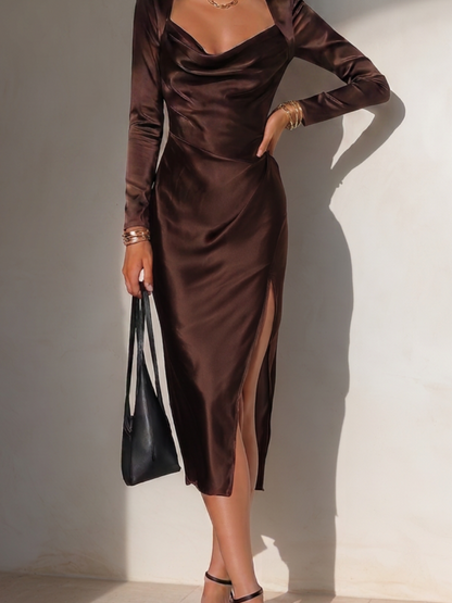 Women's Elegant Chocolate Brown Satin Cowl Neck Long Sleeve High Slit Bodycon Midi Dress