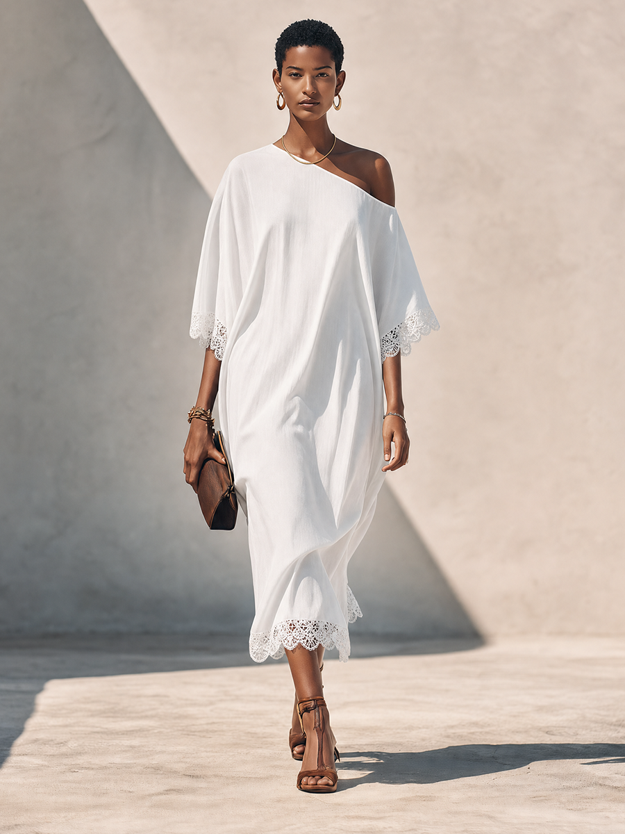 Women's Pure White Linen Asymmetric Off-Shoulder Midi Dress With Lace Trim