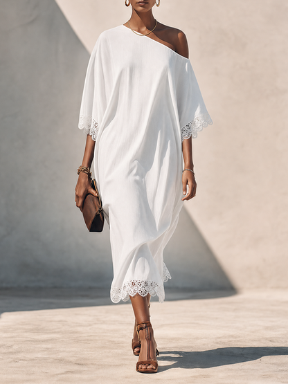 Women's Pure White Linen Asymmetric Off-Shoulder Midi Dress With Lace Trim