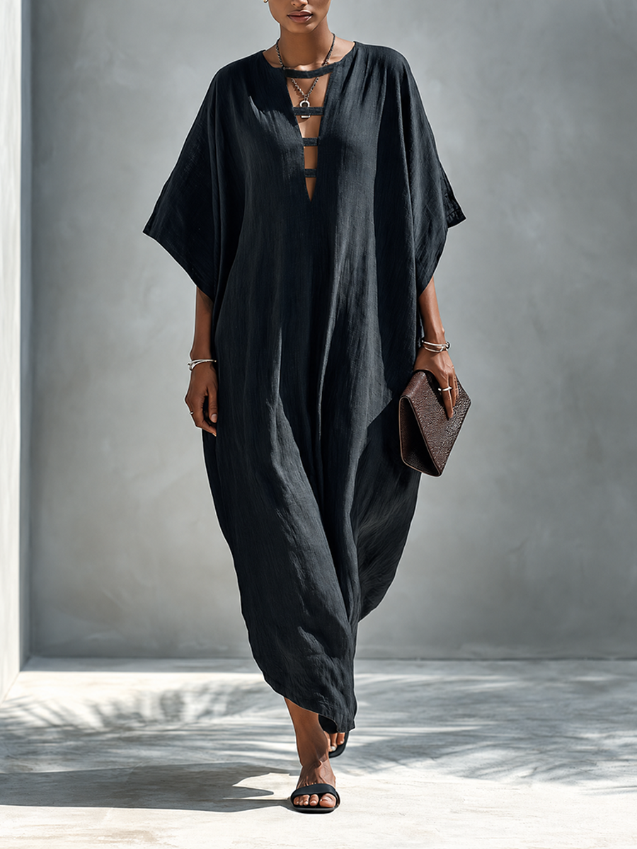 Women's Solid Black Linen Maxi Dress With Deep V-Neck And Slit