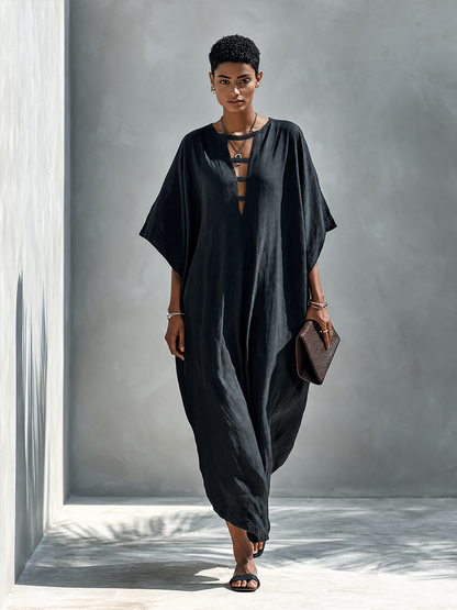 Women's Solid Black Linen Maxi Dress With Deep V-Neck And Slit